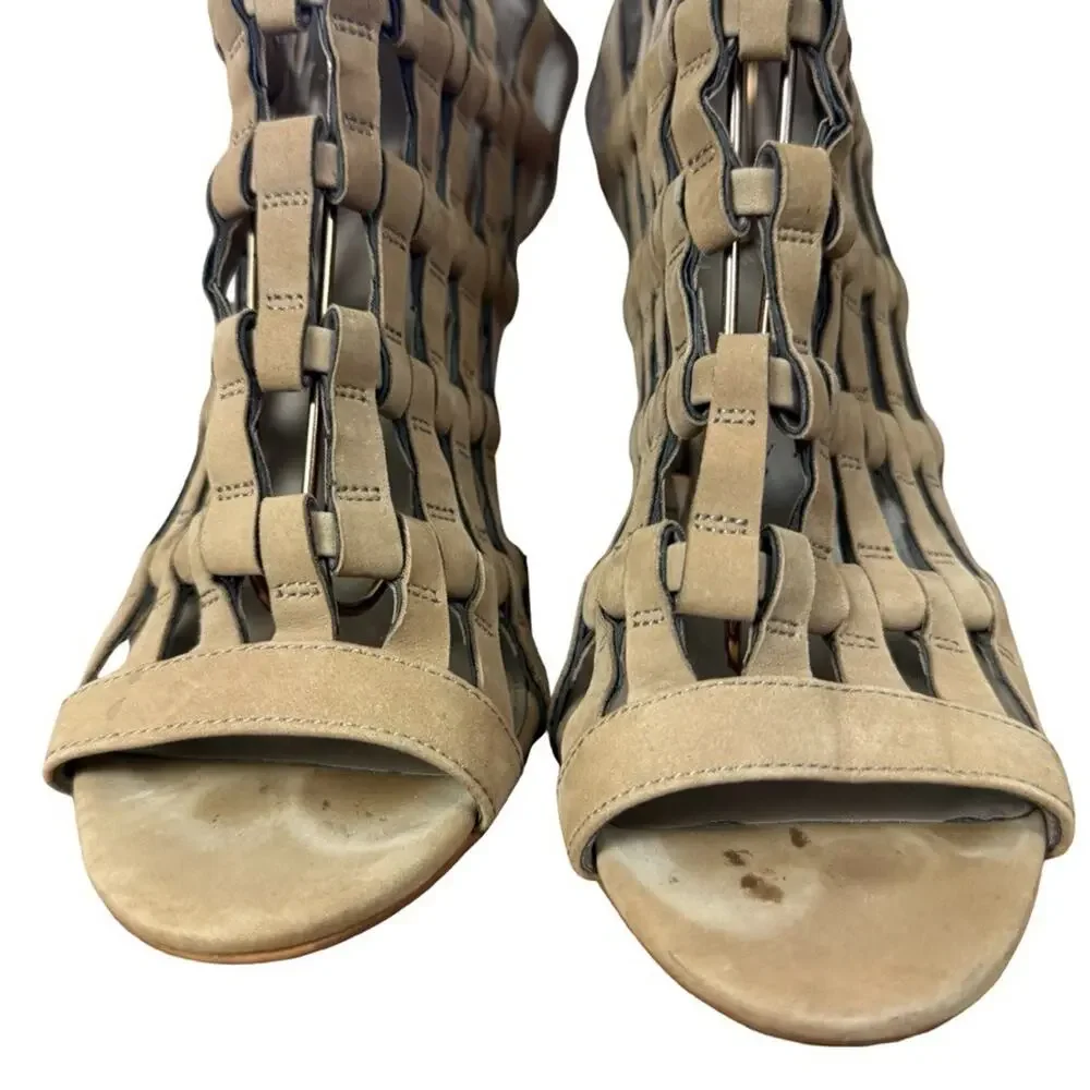 Vince Camuto Aventha Leather Cage Style High Heels Peep Toe Shoes Beige sz 7.5